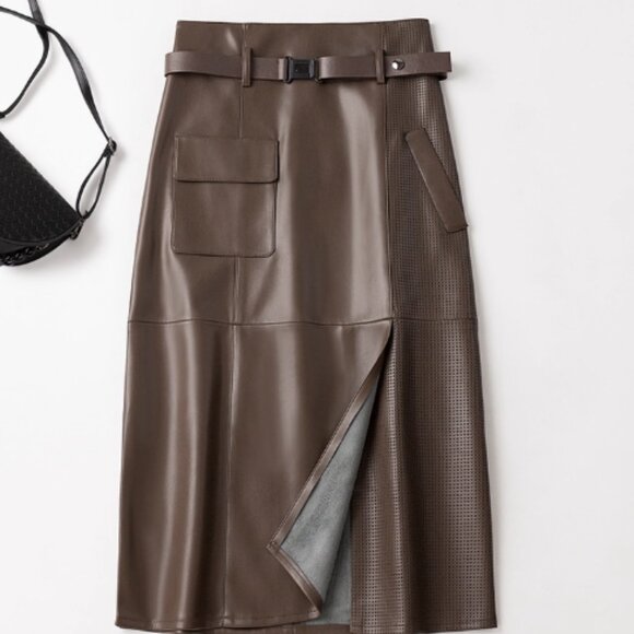 Luxury Lambskin Perforated Panel Skirt /Brown - Picture 1 of 7